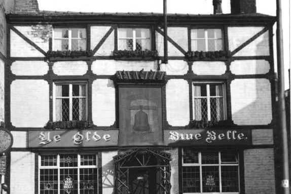 Ye Olde Blue Belle Public House, Church St. Preston 1949, which dates back to the early 1700s.
One of the oldest inns in Preston, (and still serving) Also a favourite resort of the hostlers and stablemen of the Derby family, whose stables were behind the photographer on the north side of Church Street