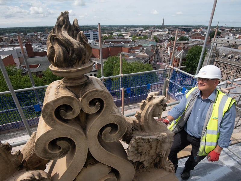 Site manager Dave Ragan, from Conlon Construction, needed a head for heights to oversee the "once in a geberation" cleaning of the Harris Museum statues
