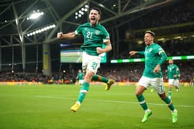 Republic of Ireland's Robbie Brady celebrates scoring their side's third goal of the game from the penalty spoty during the UEFA Nations League match at the Aviva Stadium in Dublin.