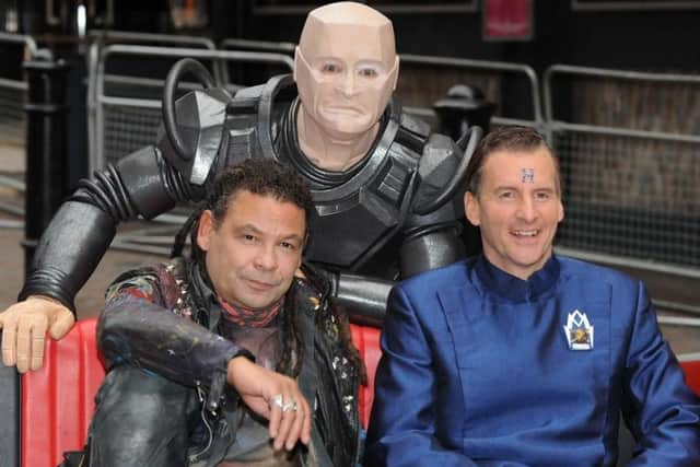 Rimmer (Chris Barrie) and two of his Red Dwarf co-stars Lister (Craig Charles) and Kryten (Robert Llewellyn)