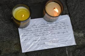 The  floral tributes to the Queen at the Obelisk on Preston Flag Market