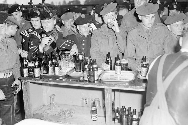Soldiers from the 1st Battalion Royal Scots visit Murrays Breweries Craigmillar Edinburgh after a 140 mile 'show the flag' march through the Lothians and Peebleshire in June 1960.