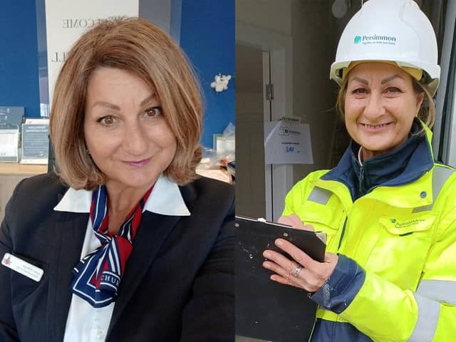 Former saleswoman turned construction worker Lynn Johnson, before and after.