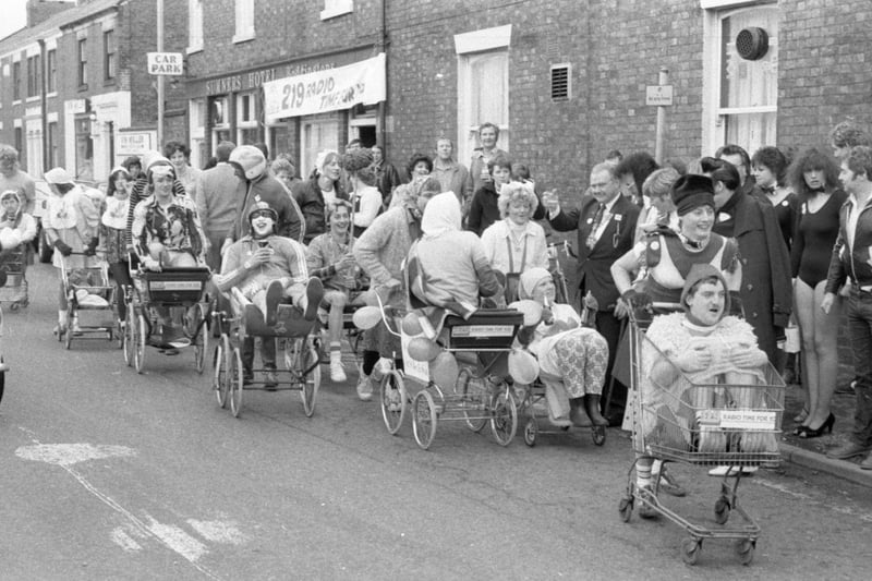 Pram pushing pub regulars made a four-mile round trip for the Mayor of Blackpool's sea disaster fund. About 20 pairs from the Sumner's Hotel, Fulwood, Preston, formed a colourful procession over the course. On the way round pub collections raised over £300 and the final tally is expected to be more than £600. One pair were so far behind at one point that they hitched a free bus ride to help them along the way!