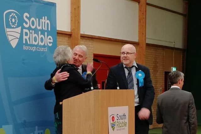 Long-serving Conservative councillors - and husband and wife - Phil and Margaret Smith congratulate each other after securing their seats in New Longton and Hutton East