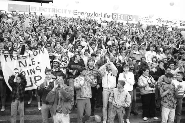Preston North End fans on the away terrace at Vale Park for the play-off clash with Port Vale in May 1989