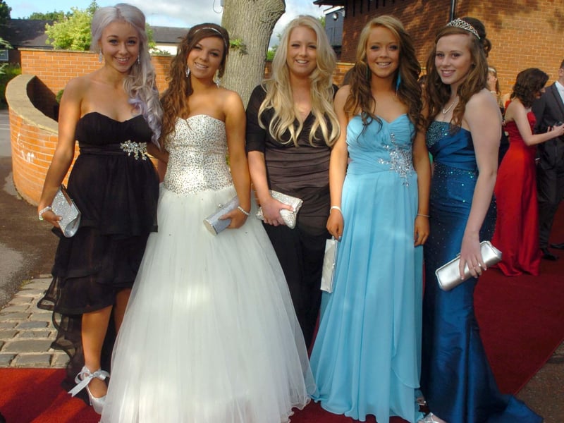 From left, Georgia Cookson, Sophie Heyworth, Laura Mitchell, Gina Crompton and Alex Ross at the Corpus Christi Catholic Sports College Prom at Barton Grange