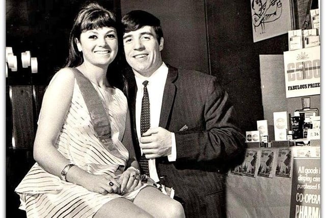 The Vin Sumner Collection - The Top Rank Ballroom, Preston, 1960s - 1970sCompetition winner poses with PNE Player Ernie Hannigan.Miss Teen Queen 1968. Event sponsored by 'Clearasil' skin cleanser.