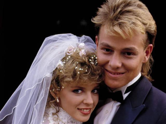 This Network Ten handout photo shows the famous 1987 wedding scene from the long running Australian soap opera "Neighbours", with Kylie Minogue as Charlene and Jason Donovan as Scott