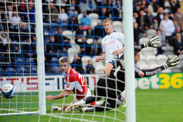 Paul Parry scores Preston North End's first equaliser against Middlesbrough at Deepdale in October 2009