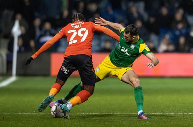 Preston North End's Ben Whiteman competing with Luton Town's Amari'i Bell.