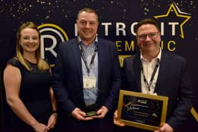 Gary Lawson and Derek Horrocks of SBS, claiming the Best Retrofit Employer of the Year Award at the Retrofit Academy Awards 2024