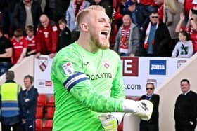 Connor Ripley celebrates Morecambe's victory over Lincoln City last weekend Picture: Michael Williamson