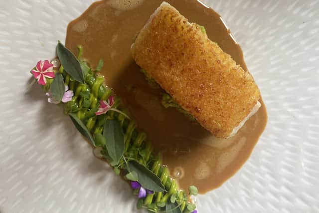 Parmesan crusted cod, asparagus, broad bean and shrimp sauce - Rogan & Co, Cartmel