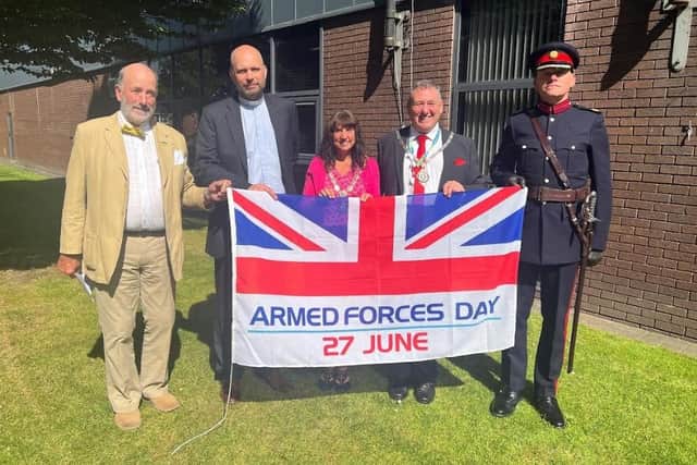 Armed Forces flag ceremony at Chorley (l-r): Coun Derek Forrest (Armed Forces Champion); Reverend David Whitehouse; Deputy Mayoress, Kim Lomax; Deputy Mayor, Coun Chris Lomax and Charles Hadcock, Deputy Lieutenant of Lancashire.