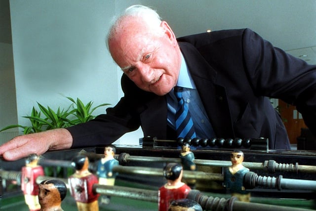 Last minute practice, Preston North End legend Tom Finney tries the "Sokit" table football in preparation for his game against Prince Charles at Deepdale
