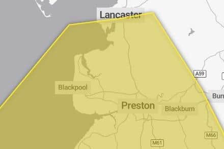 The yellow thunderstorm warning covered most of Lancashire except from Burnley and Bacup (Credit: Met Office)