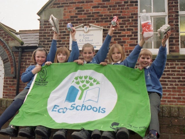 Pupils at a rural Lancashire school are waving the green flag for the environment after winning a national energy saving competition. Great Eccleston Copp CE School, near Preston, took top science honours in the Powersavers competition and picked up a trophy and £750 cash prize for the school. Pictured (from left): Stephanie Ball, Rebecca Holder, Emma Lowe and Thomas Bamber
