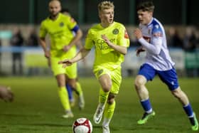 Lancaster City's Matthew Tweedley on the attack against Guiseley (photo: Phil Dawson)