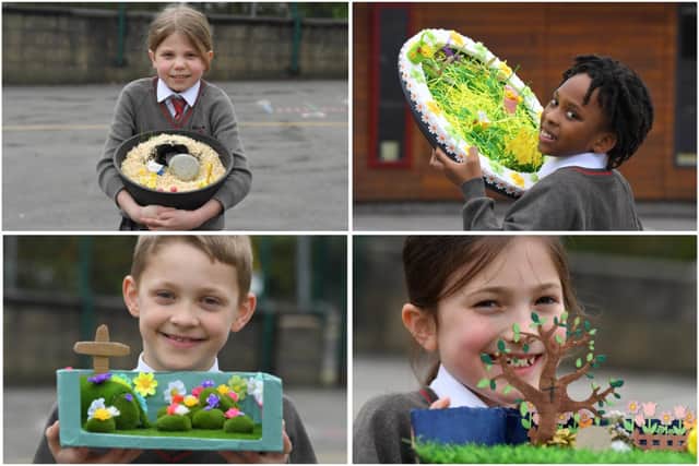 Year 4 pupils holding their 'Easter gardens', created themselves to celebrate Easter.