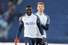 Preston North End defenders Bambo Diaby and Sepp van den Berg celebrate victory against Bournemouth at Deepdale