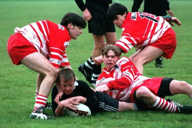 Balshaw's High School player Gareth Hargreaves scores against Leyland St Mary's Catholic High School, in the South Ribble and Preston High School Rugby League Tournament, played at Leyland Warriors ground, on Moss Side Way, Leyland back in 1997
