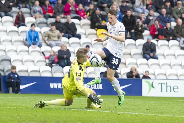 Carlisle United's goalkeeper Jordan Pickford can only parry this shot from Preston North End's Josh Brownhill into the path of Craig Davies (not in view) for an easy tap-in for their teams fifth goal.