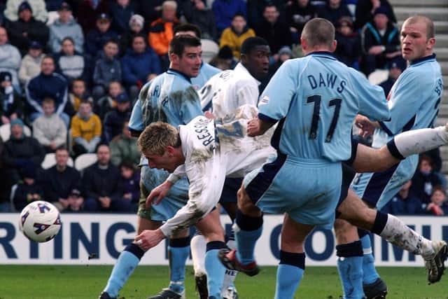 Richard Cresswell dives in to score the first goal for Preston North End against Rotherham United at Deepdale in March 2002