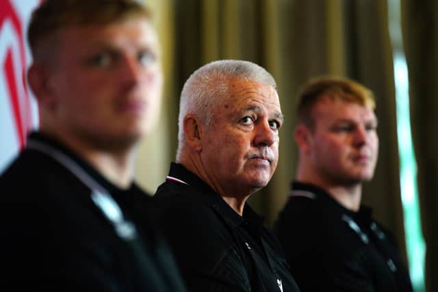 Wales head coach Warren Gatland (centre) with co-captains Jac Morgan (left) and Dewi Lake during the World Cup squad announcement