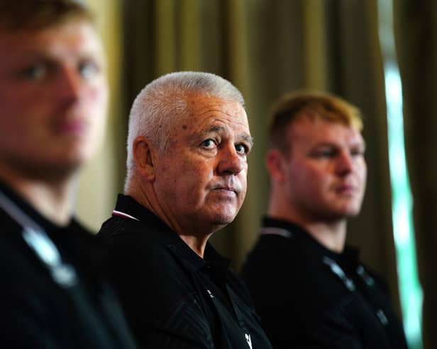 Wales head coach Warren Gatland (centre) with co-captains Jac Morgan (left) and Dewi Lake during the World Cup squad announcement