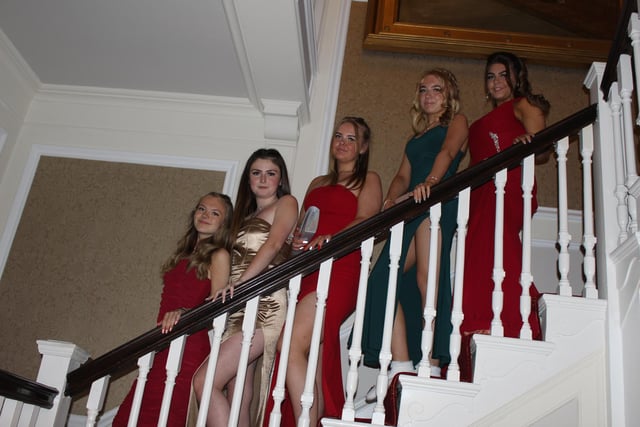 Lily, Paige, Courtney, Paige and Ellie on the stairs inside Farington Lodge
