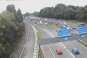 The scene on the M55 near junction 1 (Broughton) following the lane closure on the M6 (Credit: National Highways)