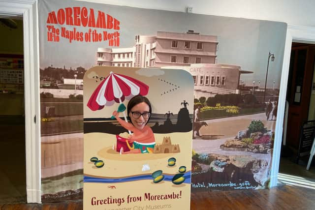 Lancaster City Museum's co-manager, Rachael Bowers is ready for her seaside close-up at the Morecambe exhibition.