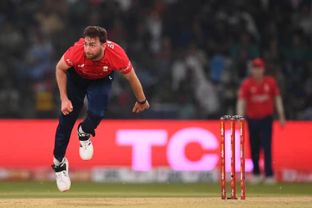 LAHORE, PAKISTAN - SEPTEMBER 30: Richard Gleeson  of England bowls during the 6th IT20 between Pakistan and England at Gaddafi Stadium on September 30, 2022 in Lahore, Pakistan. (Photo by Alex Davidson/Getty Images)