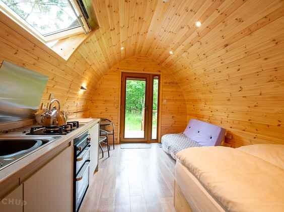 Luxury glamping is at the heart of Trawden Forest Glamping, which has scored 9.9/10. The site is located in seven acres of woodlands at the foot of Boulsworth Hill in Lancashire and is a 25-minute drive from Haworth and 40 minutes from the Yorkshire Dales National Park.
The ensuite pods have barbecue huts, a fully-equipped kitchen, double bed, ensuite bathroom and central heating. Top-notch Egyptian cotton bedding and towels are provided, as is private parking on site for peace of mind.
There are pubs and a food shop nearby, and with wildlife and challenging terrain on the doorstep, walking and cycling fans are well catered for.