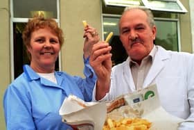 Dereck and Irene Billington outside their chip shop in Ripon street, Preston in 1996, before it was taken over by Mark Noblett who is also featured in this gallery