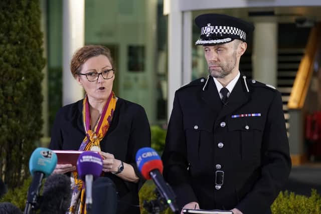 Assistant Chief Constable Peter Lawson (right) of Lancashire Police with Detective Chief Superintendent Pauline Stables (left) speaking at a press conference outside Lancashire Police Headquarters in Hutton near Preston (Credit: Owen Humphreys/ PA)