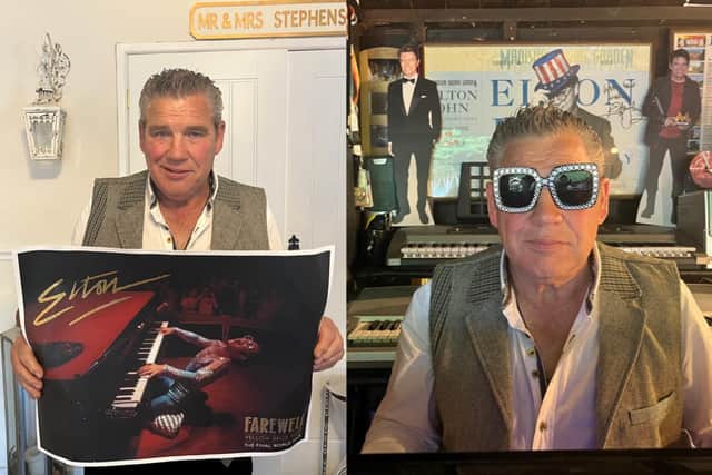 Left: Ricky holds up a farwell tour poster. Right: wearing one of his hundreds of Elton John inspired glasses.