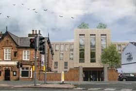 An image of how the new apartment block will look, between the Unicorn pub (left) and the Moorbrook pub next door (Image: David Cox Architects).
