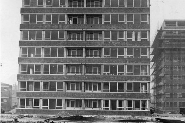 One of the 11-storey blocks of flats at Avenham, Preston, into which the first tenants will move in the next month - this was taken in February 1961