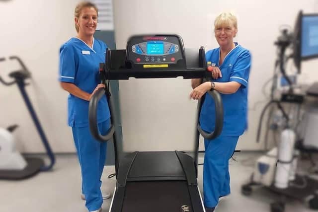 Debbie Crossley and Jo Duff and the new ECG test treadmill.