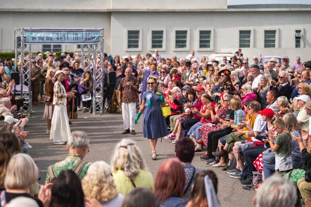 Vintage by the Sea co-founder, Wayne Hemingway, comperes the Best in Show catwalk in Morecambe at last year's festival. Photo by Robin Zahler, photography courtesy of Deco Publique.