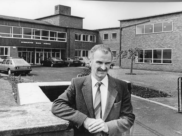 Head teacher of Ribbleton Hall High School, Ray McDonald, pictured in 1986, outside the main entrance to the school