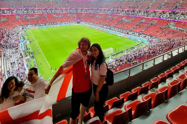 Colin Shapley with fiancee Londa Managadze at the England v USA game at Al Bayt Stadium.
