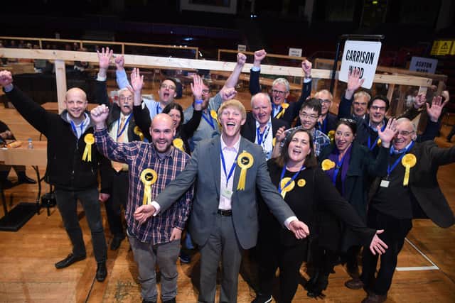 Cllr Phoenix Adair, Neil Darby and Fiona Duke (front row) held the line for the Lib Dems