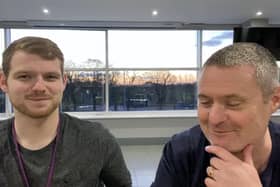 PNE writer Tom Sandells alongside former writer Dave Seddon.