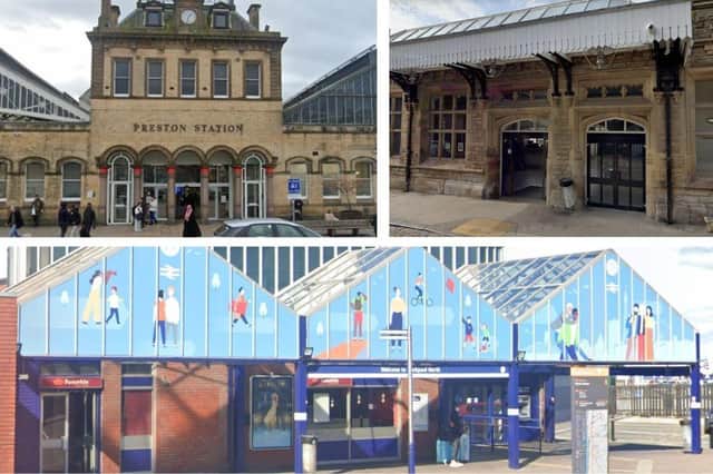 Top left: Preston Railway Station. Top right: Lancaster Railway Station. Bottom: Blackpool North Railway Station.