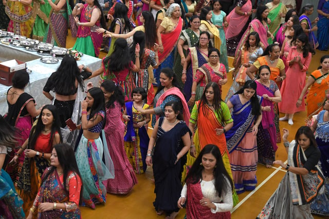 Worshippers at the Gujarat Hindu Society Temple in Preston celebrating Navaratri