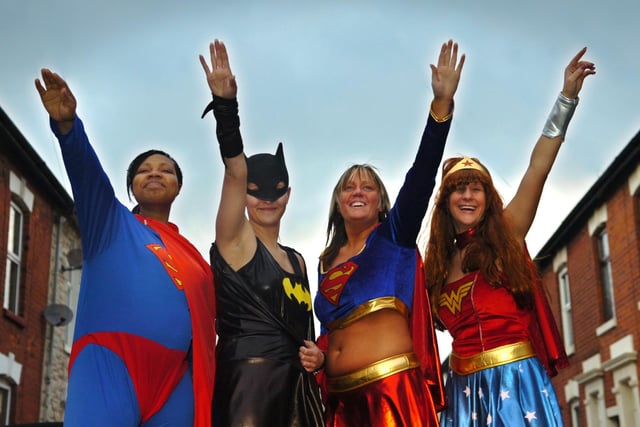 Laura Higham from the Barrel of Laughs in Preston has had Superhero costumes literally flying off her shelves as they have proven to be the biggest fancy dress hit this year. Krystel Forbes as (a rather pregnant) Superman, Louise Rizza is Batwoman, Laura Higham is Supergirl, and Ashley Watkinson is Wonder Woman