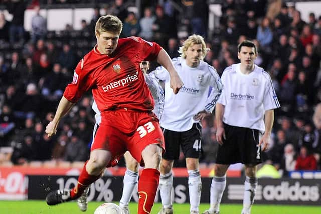 Neil Mellor scores from the penalty spot for Preston North End at Derby County in January 2008